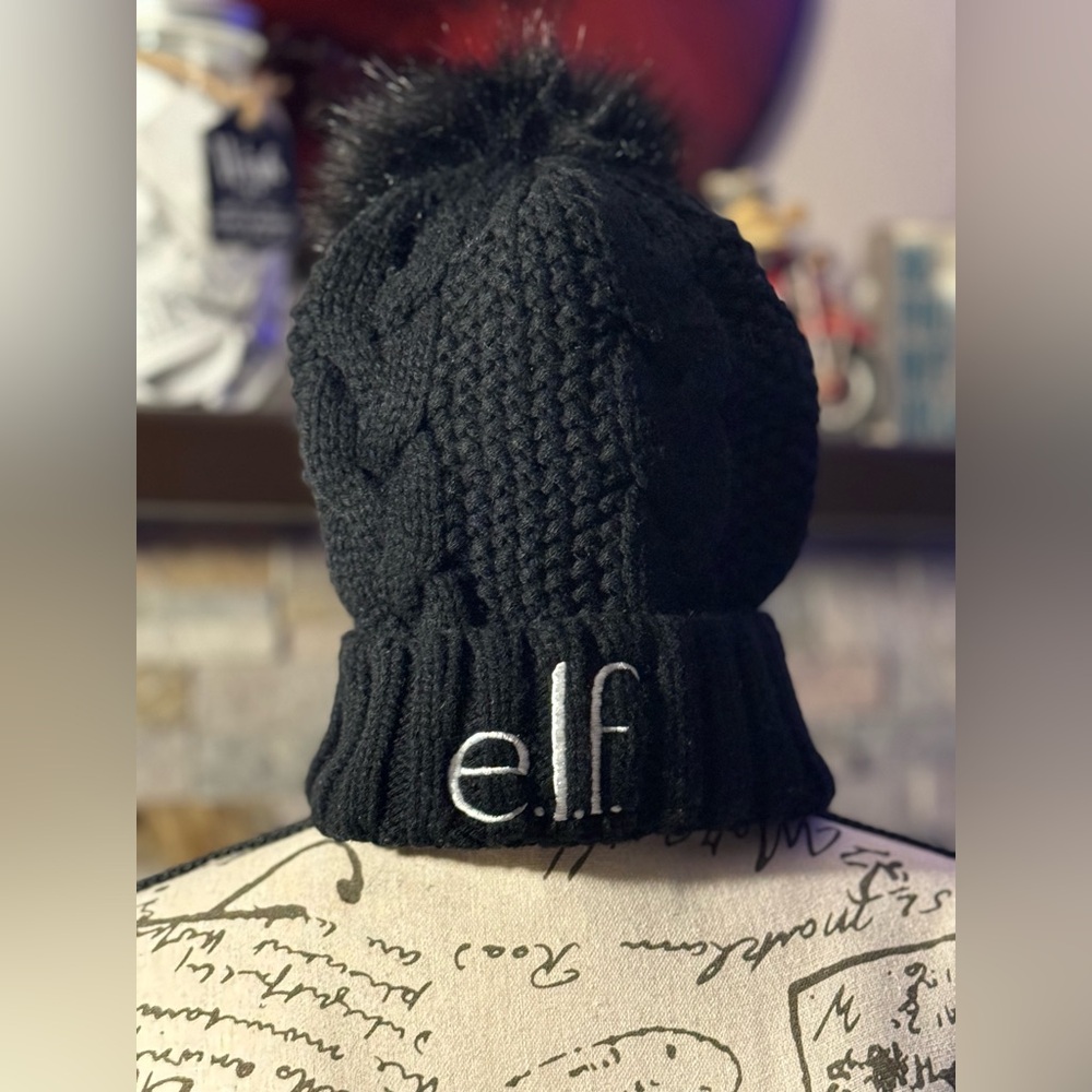 ELF Cosmetics, Cable Knit Skully, Elf Cosmetics Black Pom Pom Beanie, Very cute